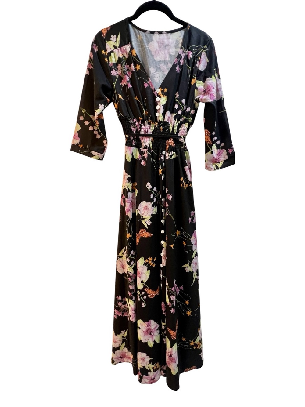 Yumi Kim Black Floral Butterfly Smocked Maxi Dress S